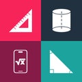 Set pop art Triangle math, Square root of x glyph, Geometric figure and Triangular ruler icon. Vector Royalty Free Stock Photo