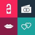 Set pop art Two Linked Hearts, Smiling lips, Greeting card and Please do not disturb icon. Vector