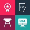 Set pop art USA on monitor, Barbecue grill, graphic tablet and Medal with star icon. Vector