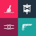 Set pop art Vintage pistols, Rope tied knot, Pirate flag and Bottle with message water icon. Vector Royalty Free Stock Photo