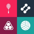 Set pop art Volleyball ball, Billiard balls in rack triangle, Dumbbell and Tennis racket icon. Vector Royalty Free Stock Photo