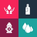 Set pop art Water drop, Fire hydrant, Bottle of water and Washing hands with soap icon. Vector Royalty Free Stock Photo