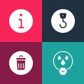Set pop art Water drop forbidden, Trash can, Industrial hook and Information icon. Vector Royalty Free Stock Photo
