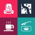 Set pop art Winter fishing, Hot chocolate cup, Route location and Hiking backpack icon. Vector