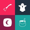 Set pop art Witch cauldron, Moon and stars, Ghost and Witches broom icon. Vector Royalty Free Stock Photo