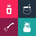 Set pop art Witch cauldron, Witches broom, and Bottle with potion icon. Vector Royalty Free Stock Photo