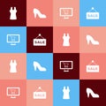 Set pop art Woman dress, shoe, Shopping cart on monitor and Hanging sign with text Sale icon. Vector