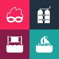 Set pop art Yacht sailboat, Water volleyball net, Aqualung and Glasses for swimming icon. Vector