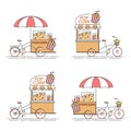 Set of pop corn bicycles. Cart on wheels. Food kiosk . Vector illustration. Flat line art. Royalty Free Stock Photo