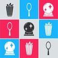 Set Popcorn in box, Magic hand mirror and Magic ball icon. Vector Royalty Free Stock Photo