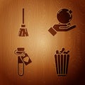 Set Popcorn in box, Witches broom, Bottle with love potion and Magic ball on hand on wooden background. Vector