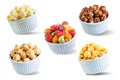 Set of popcorn: classic salt, cheese, chocolate, caramel and sweet multicolor