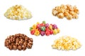 Set of popcorn: classic salt, cheese, chocolate, caramel and sweet multicolor