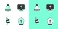 Set Pope hat, Church bell, Willow leaf and Location church building icon. Vector Royalty Free Stock Photo