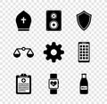 Set Pope hat, Stereo speaker, Shield, Clinical record, Smart watch heart beat rate and Glass bottle milk and cap icon