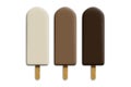 Set of popsicles, eskimo sundae ice cream on wooden sticks isolated