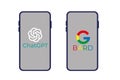 Set popular AI chatbot services logo company: OpenAI ChatGPT and Google Bard logo on phone screen. Editorial vector