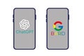 Set popular AI chatbot services logo company: OpenAI ChatGPT and Google Bard logo on phone screen. Editorial vector