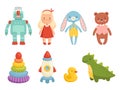 Set of popular childrens toys. Robot, doll, pyramid and other children`s figures Royalty Free Stock Photo