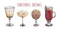 Set of popular Christmas drinks isolated on white. Colorful vector images of winter beverages and cocktails. Hot Royalty Free Stock Photo