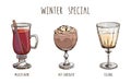 Set of popular hot winter drinks isolated on white. Colorful vector images of Christmas beverages and cocktails. Hot Royalty Free Stock Photo