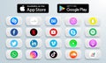 Set of popular mobile apps icons in App Store and Google Play such as facebook, netflix, podcast, twitter, snapchat, behance for Royalty Free Stock Photo