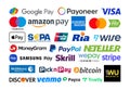 Set of popular Payment System logos: Google Pay, Payoneer, American Express, MasterCard, Visa and others, on white