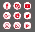 Set of popular social media logos, icons red Instagram, Facebook, Twitter, Youtube, WhatsApp, Royalty Free Stock Photo