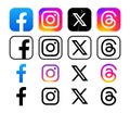 Set of popular Social Media Mobile App icons in different forms: Facebook, Instagram, Twitter - X and Threads, isolated