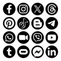 Set of popular social media mobile apps black round icons: Facebook, Instagram, X Twitter, Threads, Pinterest, Tiktok