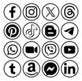 Set of popular social media mobile apps black round icons with rim: Facebook, Instagram, X Twitter, Threads, Pinterest Royalty Free Stock Photo