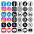 Set of popular Social Media and Mobile Apps icons in different forms, such as: Facebook, Instagram, LinkedIn, Threads, Twitter - X