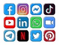 Set of popular social media and mobile apps icons in hand drawn line design: Facebook, Instagram, Messenger, Tiktor and others,