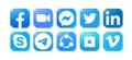 Set of popular Social Media and Mobile Apps icons in realistic volume design: Facebook, Zoom, Messenger, Twitter and others, blue
