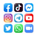 Set of popular Social Media and Mobile Apps icons in realistic volume design: Facebook, Zoom, Messenger, Twitter and others,