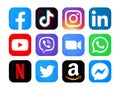 Set of popular Social Media and Mobile Apps icons in watercolor paint design: Facebook, Tiktok, Instagram, LinkedIn and others,