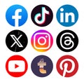 Set of popular social media mobile apps round icons: Facebook, Tiktok, Linkedin, X Twitter, Instagram and others, vector Royalty Free Stock Photo