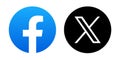 Set of popular social media mobile apps round icons: Facebook and X Twitter, vector illustration