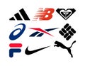 Set of popular sportswear manufactures logos: Adidas, New Balance, Roxy, Reebok, Nike, Fila, Columbia, Asics and Puma, on white