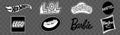 Hot Wheels, Lego, LOL, Crayola, Play- Doh, Barbie, Mattel, Hasbro toys black and white icons. Vector editorial icons Royalty Free Stock Photo