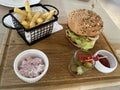 Set of pork burger and frensh fries