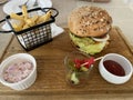 Set of pork burger and frensh fries