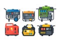 Set of Portable Power Generators. Energy Generating Backup Equipment And Electricity Voltage Source Alternator Machines