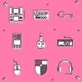 Set Portable video game console, Create account screen, Ancient key for, Bottle with magic elixir, Computer keyboard Royalty Free Stock Photo