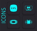 Set Portable video game console, Level, Computer monitor and icon. Black square button. Vector Royalty Free Stock Photo
