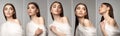 Set of portrait of beautiful young woman covered with transparent white cloth, posing isolated over grey studio Royalty Free Stock Photo