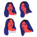 Set portrait of a girl with blue hair from different angles, with different facial expressions, doodle Royalty Free Stock Photo