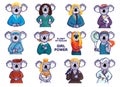 The set portraits of cartoon koalas. Collection Girl power