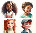 Set of portraits of cute little kids with curly hair smiling and looking at camera