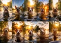 Set of portraits with cute various dogs swim in the lake
